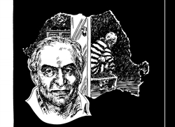 [ai] A black and white illustration featuring a man's portrait on the left, with a somber expression, and a depiction of a seated figure in striped prison attire on the right, set within a torn outline of a background.